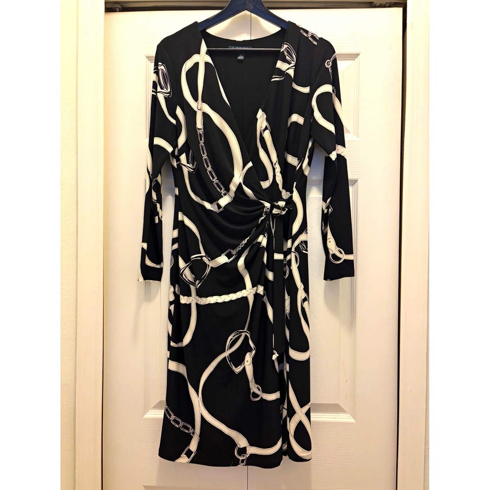 Lauren Ralph Lauren Chain Print Wrap Dress Black/White 12 V-Neck 3/4 Sleeve